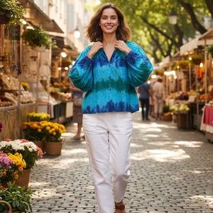 NJ Couture Paris Blue Green Lace Tie-Dye Boho Blouse Balloon Sleeve | One Size